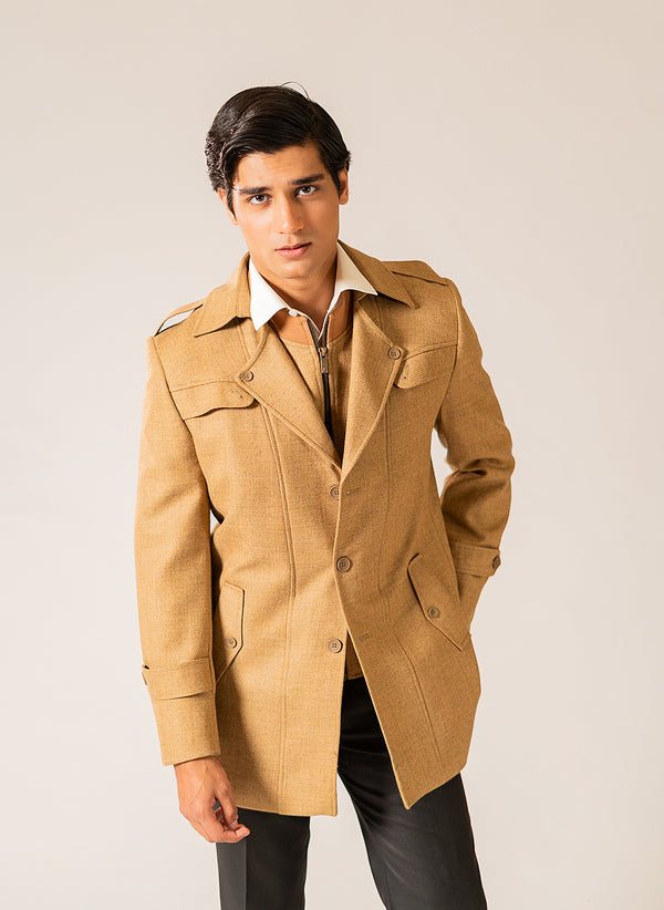 Plain-Peanut Brown, Wool Rich Worsted Tweed Double Jacket