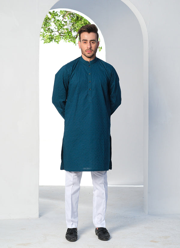 Teal Blue Self Embroidered Schiffli Cotton Kurta