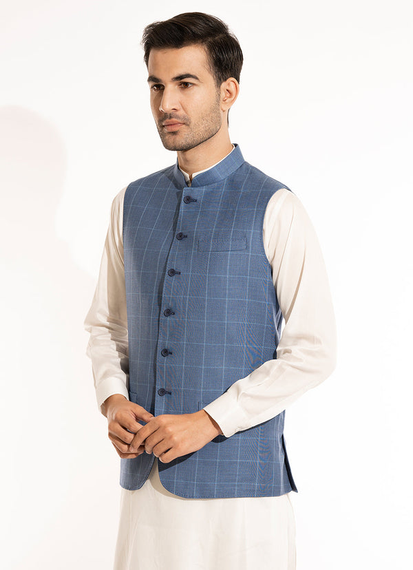 Waist Coat - Linwool Blue Checks