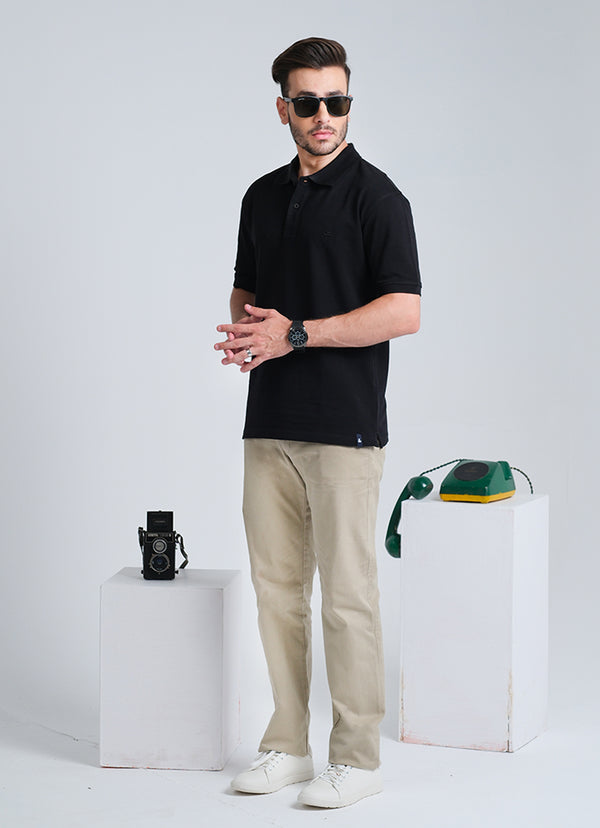 Polo Shirt - Polo Shirt Black Single Tuck Pique