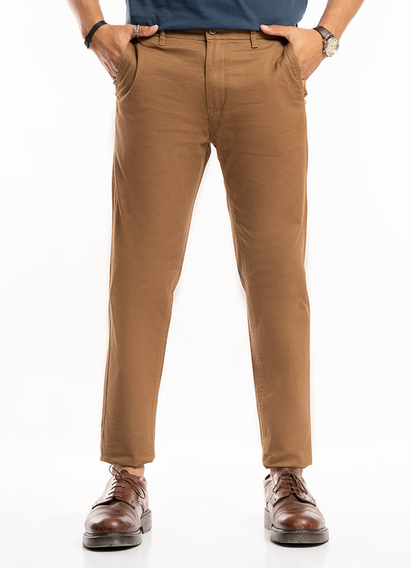 Brown Plain Cotton Stretch Chino Trouser