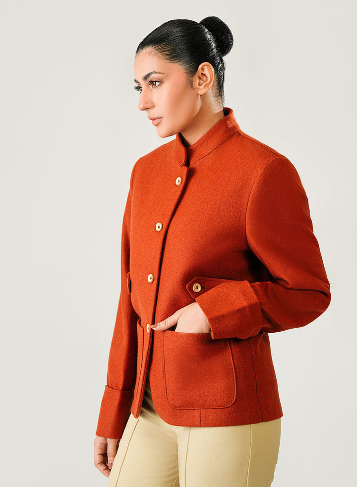 Vibrant orange plain winter jacket for women, made from poly viscose