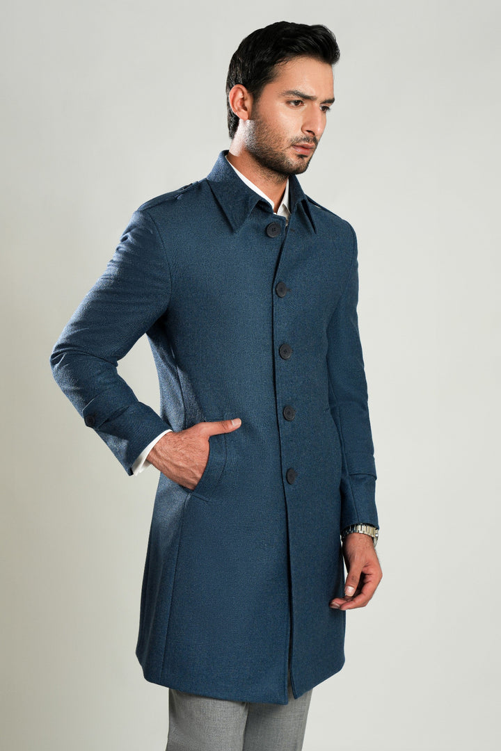 Lawrencepur prussian plain wool-rich worsted tweed long overcoat for winter.