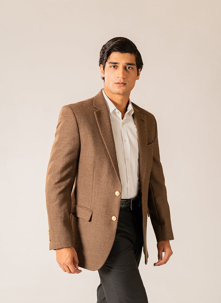 Self Textured Tweed Blazer - Camel color classic fit