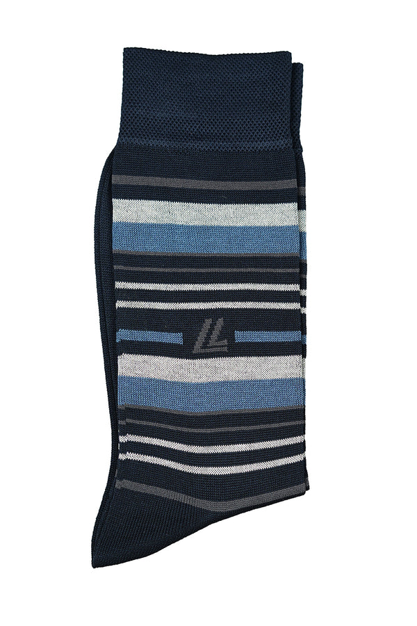 Black Mercerized Cotton Socks with Blue Stripes
