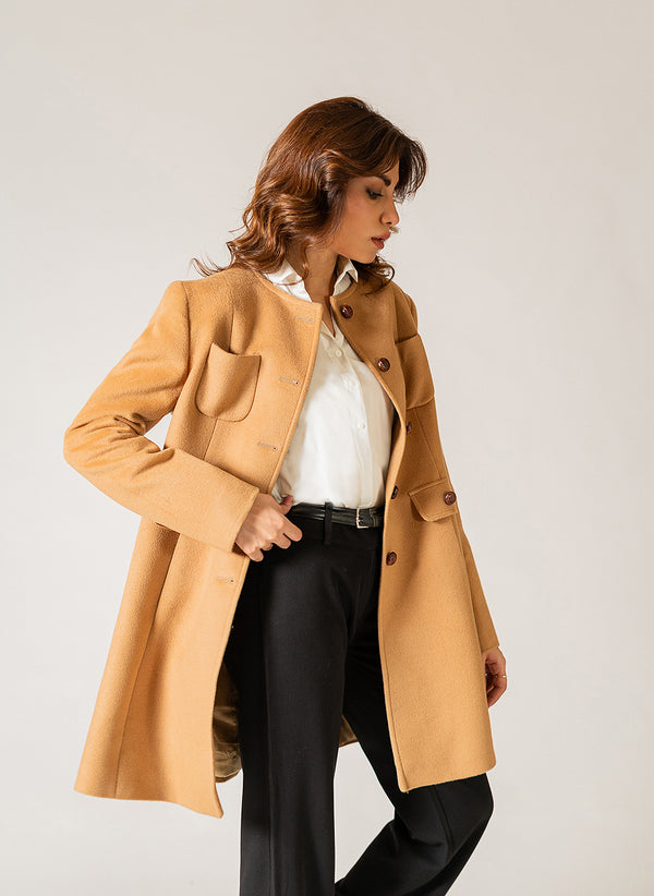 Ladies Long Coat - Woolen Fleece Brown Plain