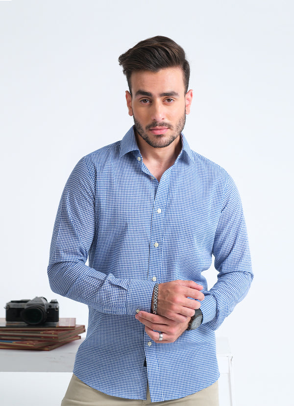 Denim Blue Checkered Charlie Shirt - CVC Cotton