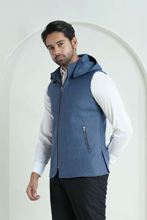 2560-00220-030-0-006 L-High Neck Hoodies Worsted Tweed Wool Rich Blue Winter 2