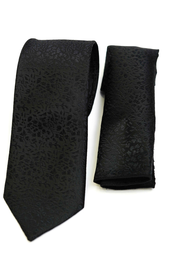 Tie & Pocket Square - Rich Silk Dark Black Design