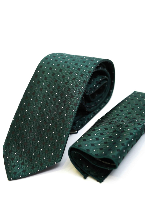 Tie & Pocket Square - Rich Silk Deep Green Checks