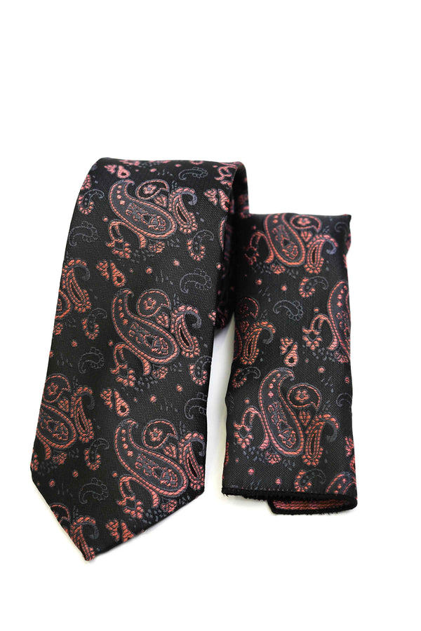 Tie & Pocket Square - Rich Silk Black & Pink Design