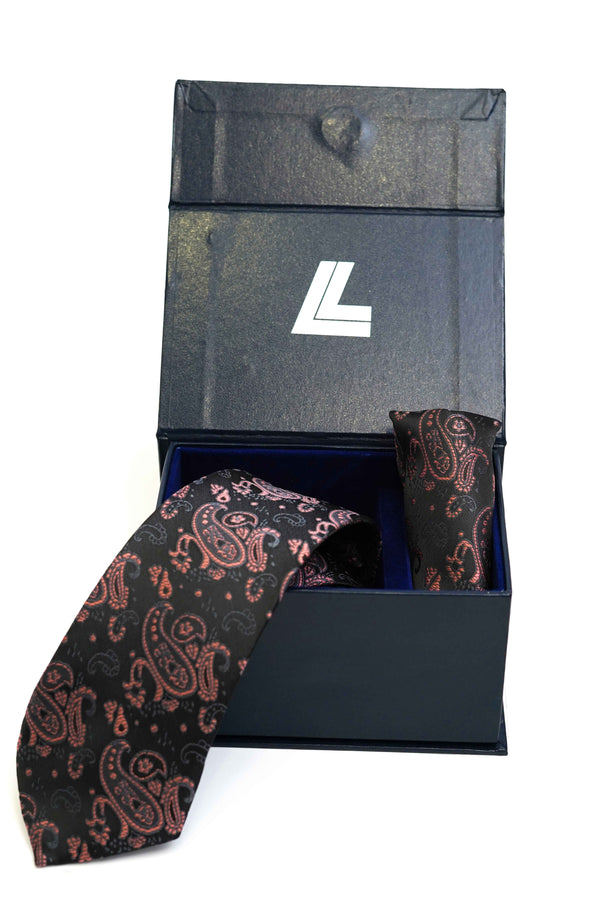 Tie & Pocket Square - Rich Silk Black & Pink Design