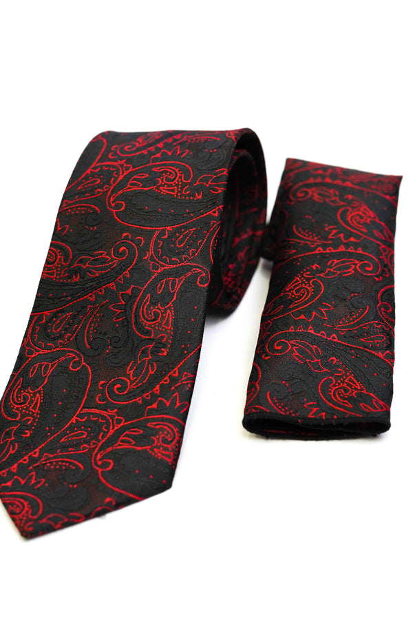 Tie & Pocket Square - Rich Silk Red & Black Design