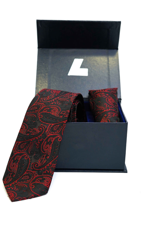 Tie & Pocket Square - Rich Silk Red & Black Design