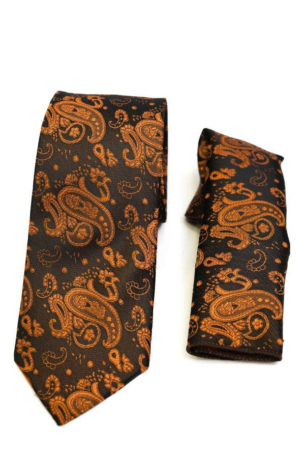 Tie & Pocket Square - Rich Silk Orange Design