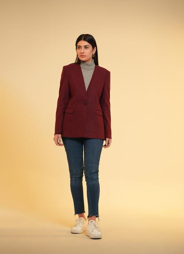 Ladies V Neck Single Button Jacket - Dark Maroon Plain