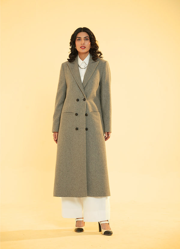 Ladies Long Coat - Lapel Collar Double Button Light Grey Plain