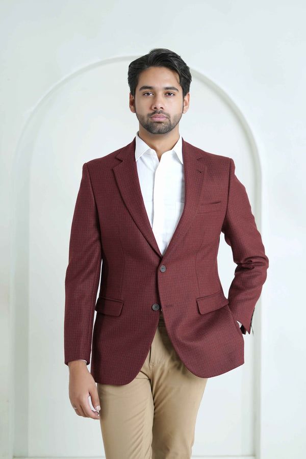 Cherry Red Houndstooth Worsted Tweed Classic Blazer