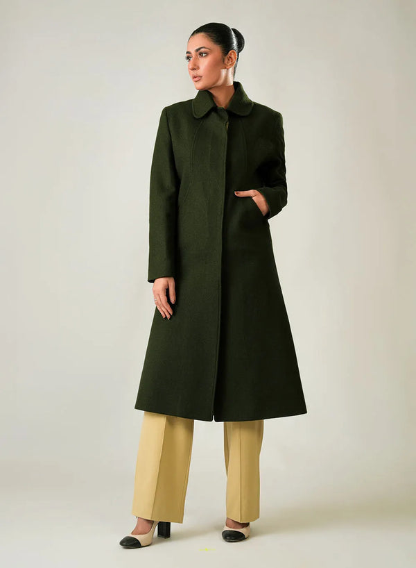 Elegant green plain long coat for women with a lapel collar