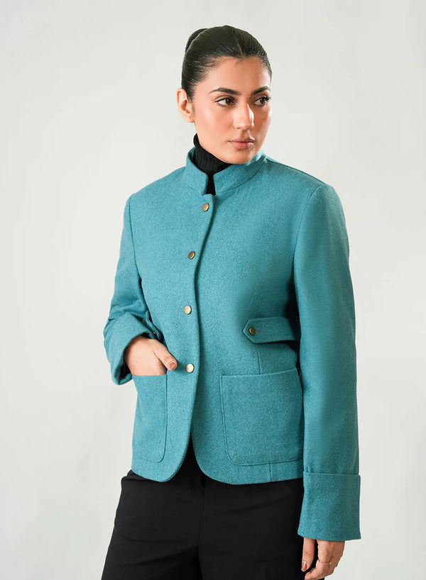 Light blue plain winter jacket for ladies, made from poly viscose
