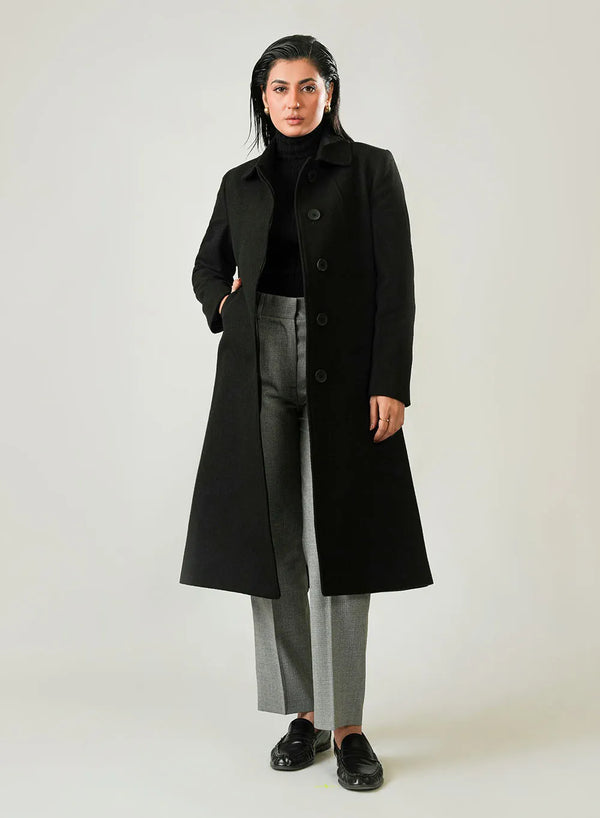 Classic Black Lapel Collar Long Winter Coat