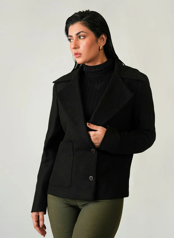 Classic black plain winter jacket for ladies made from poly viscose