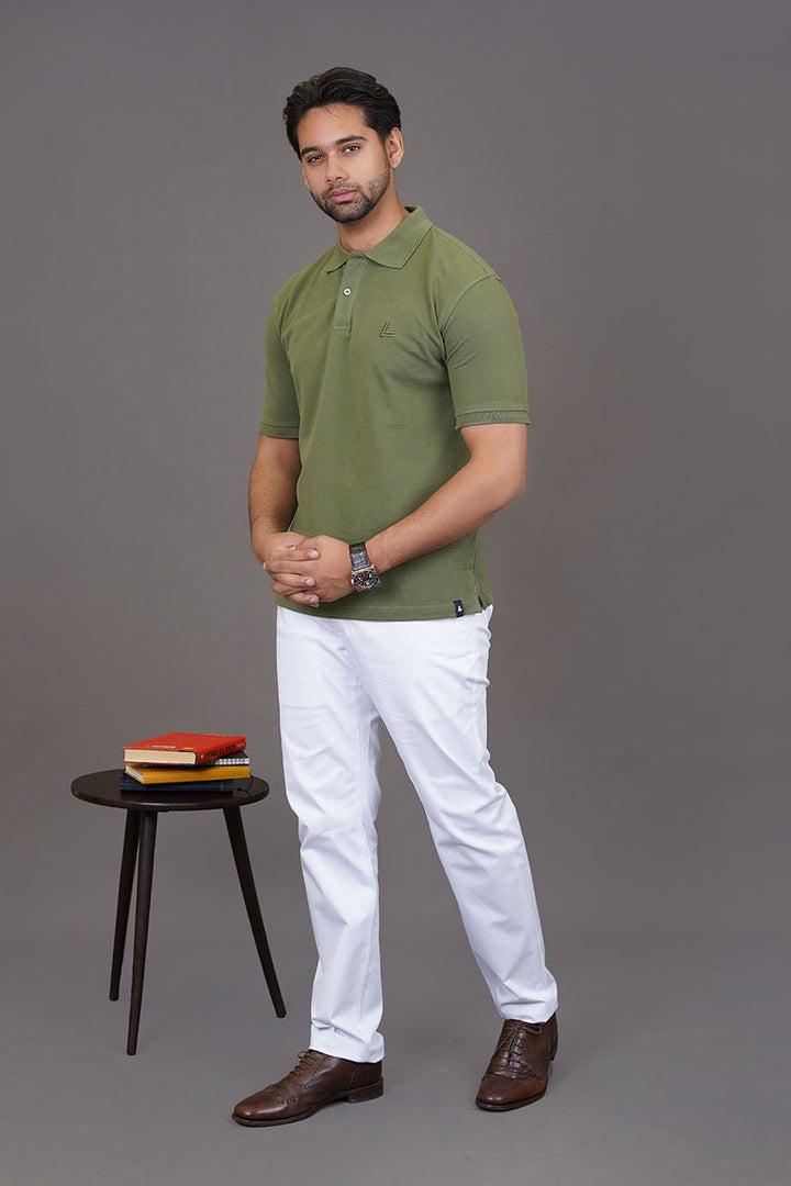 Casual olive polo shirt - side profile view