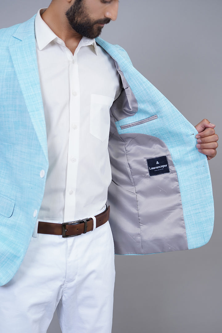 Sky Blue Blazer Lapel Detail – Stylish & Comfortable