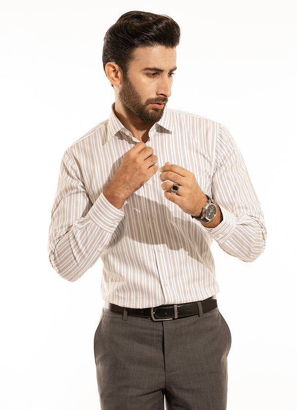 Stripes-Blue and Brown on Off White Base, Alpha Cotton Formal Shirts