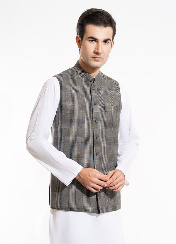 Glen Plaid Checks-Iron Grey, Wool Rich Worsted Tweed Waist Coat