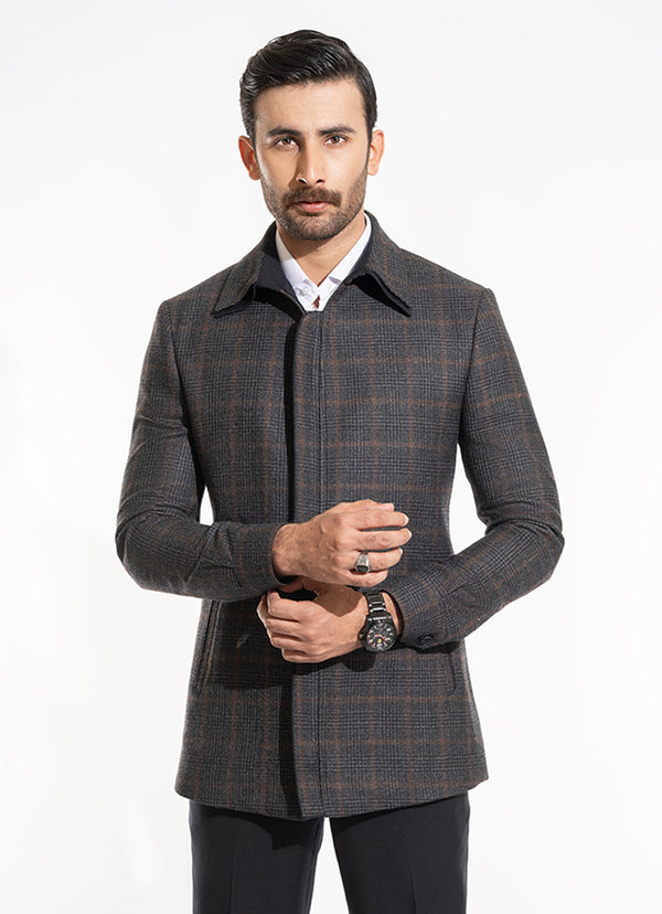 Double Collar Jacket - Worsted Tweed Grey Glen Plaid Checks