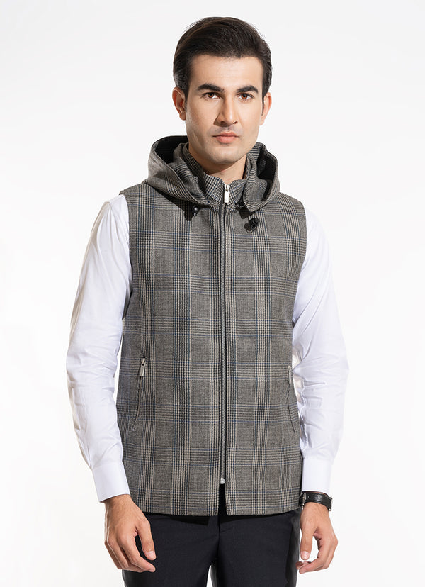 High Neck Hoodies - Worsted Tweed Grey Glen Plaid Checks