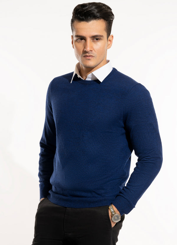 Sweater - Wool Acrylic-Crew Neck Blue Plain