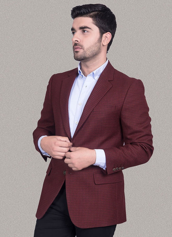 Cherry Red Houndstooth Worsted Tweed Classic Blazer