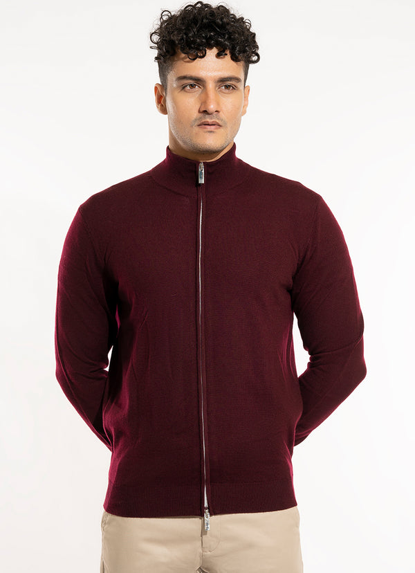 Sweater - Merino Wool Full Zipper Brown Plain