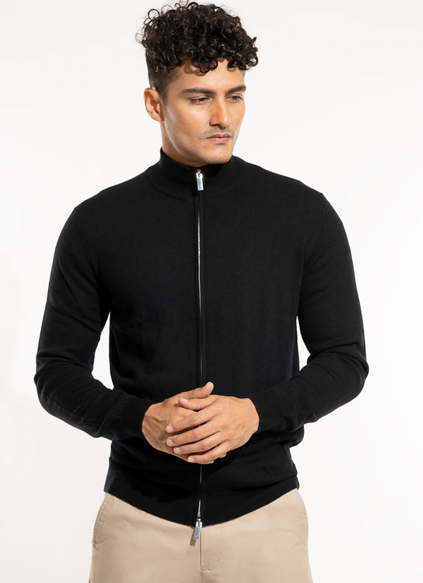 Sweater - Merino Wool Full Zipper  Black Plain