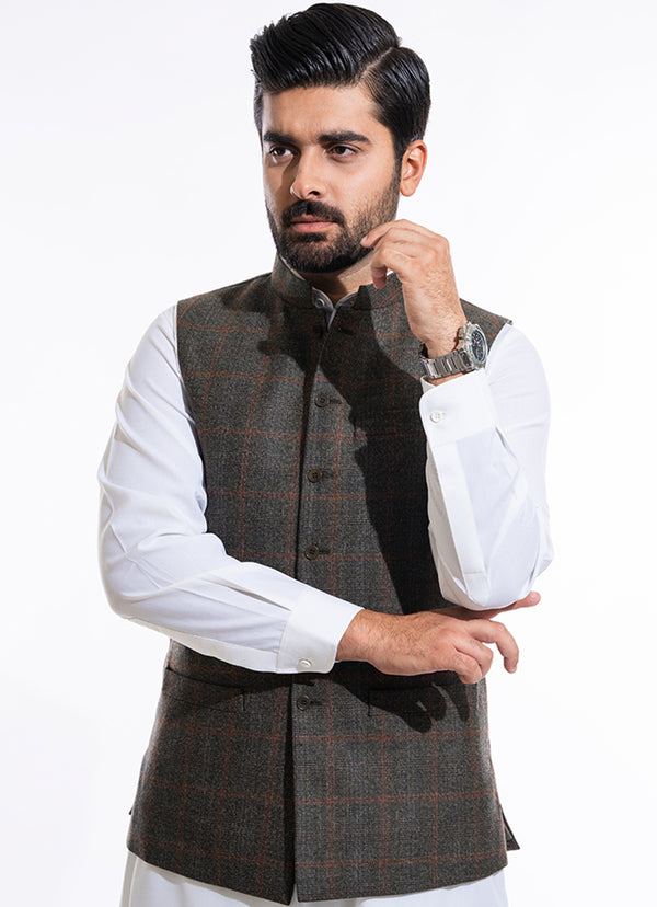 Big Checks-Greenish Brown, Wool Rich, Worsted Tweed, Classic Waist Coat