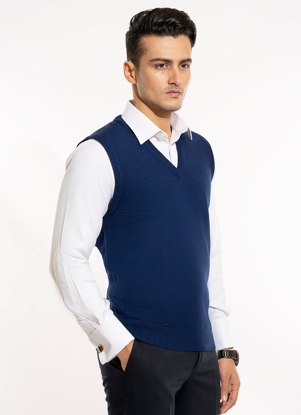 Sweater - Wool Acrylic-Sleeveless Blue Plain