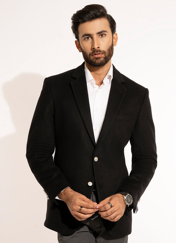 Black Plain Woolen Fleece Poly Wool Classic Blazer