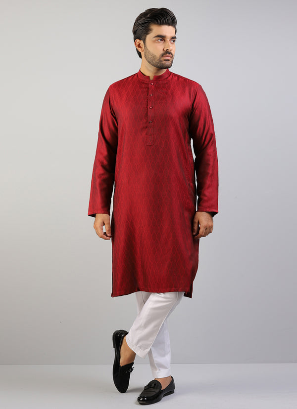 Burgundy Red Leafy Self Pattern Jamawar Kurta