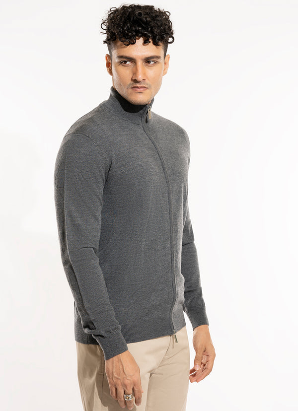 Sweater - Merino Wool Full Zipper Grey Plain