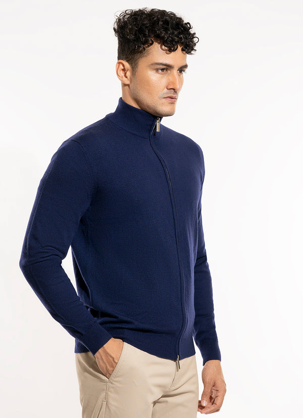 Sweater - Merino Wool Full Zipper  Navy Plain